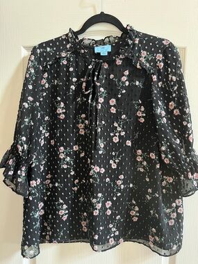 CeCe Black Floral Tie-Neck Blouse